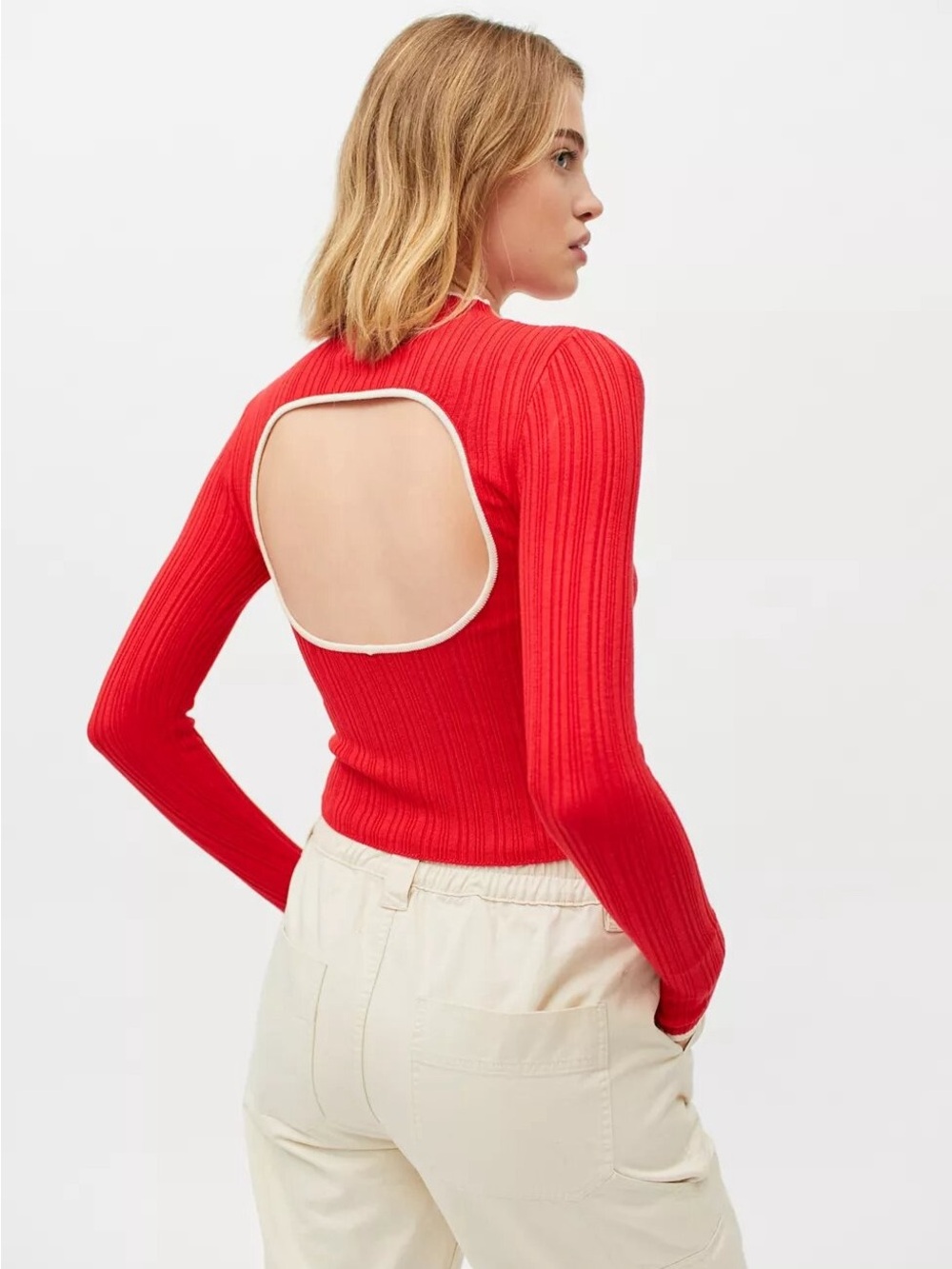 BDG Kiara Open-Back Ribbed Long-Sleeve Sweater - Red